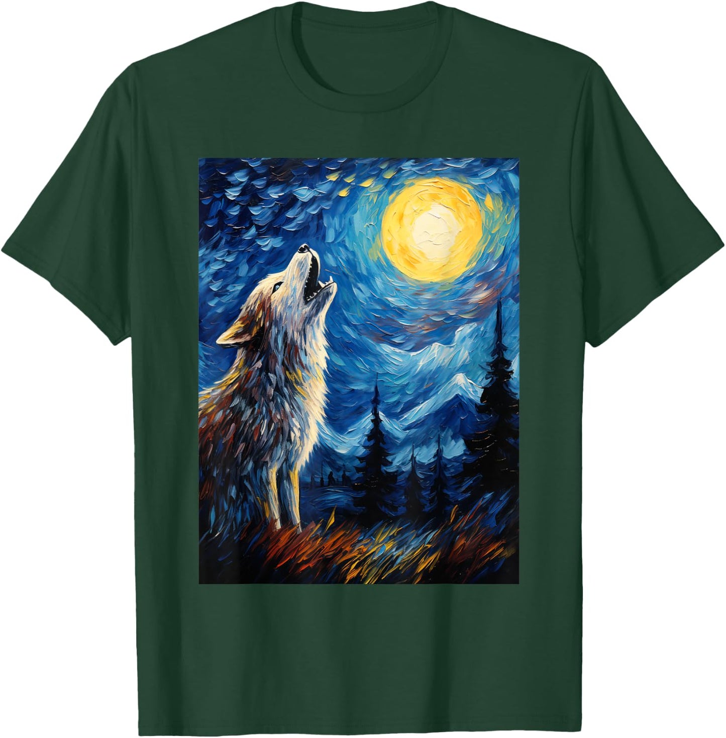 Wolf Starry Night Van Gogh Style Moon T-Shirt - T-Shirt | Forest