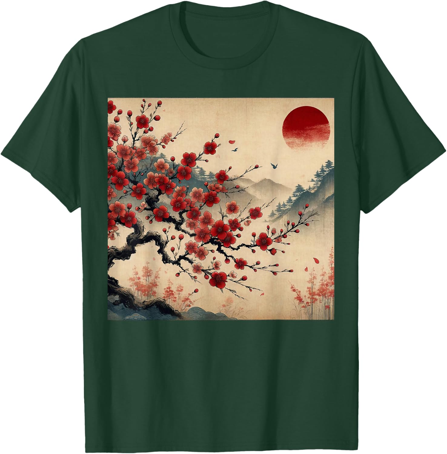 Vintage Cherry Blossom Woodblock Japanese Graphical Art T-Shirt - T-Shirt | Forest