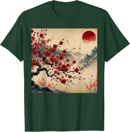 Vintage Cherry Blossom Woodblock Japanese Graphical Art T-Shirt - T-Shirt | Forest