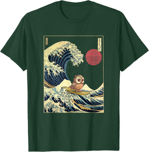 Owl Japanese Kanagawa Wave Funny Surf Animal T-Shirt - T-Shirt | Forest