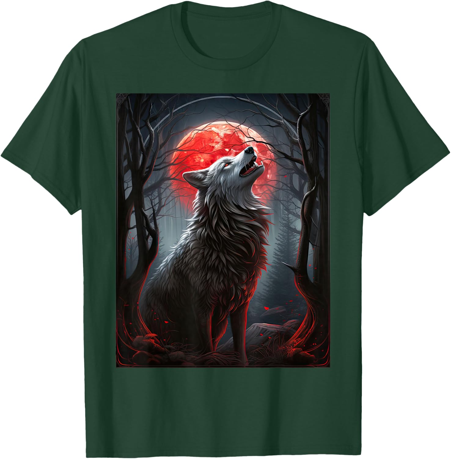 Wolf in a forest howling at the Moon Fantasy Art Wildlife T-Shirt - T-Shirt | Forest
