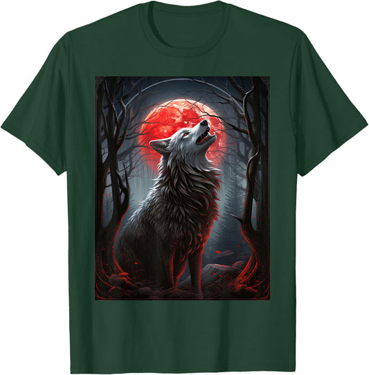Wolf in a forest howling at the Moon Fantasy Art Wildlife T-Shirt - T-Shirt | Forest