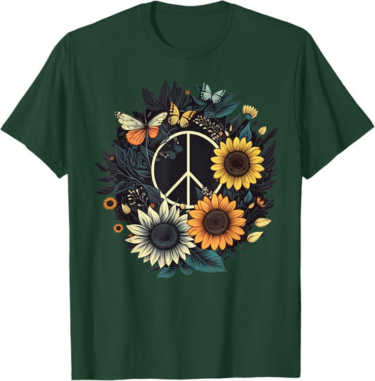 PEACE SIGN LOVE Sunflower on 60s 70s Sunflower Hippie T-Shirt - T-Shirt | Forest