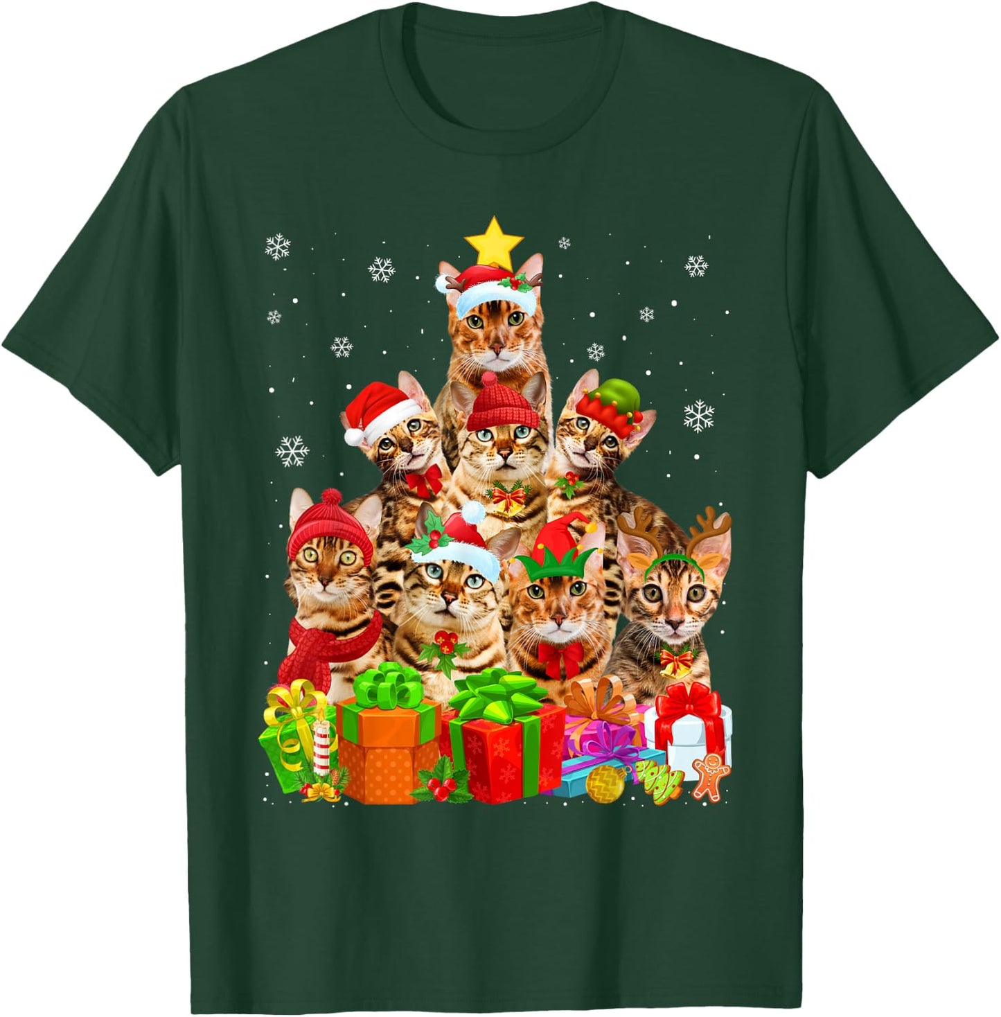 Ugly Christmas Sweater Cat Tree Funny Bengal Cat Xmas T-Shirt - T-Shirt | Forest