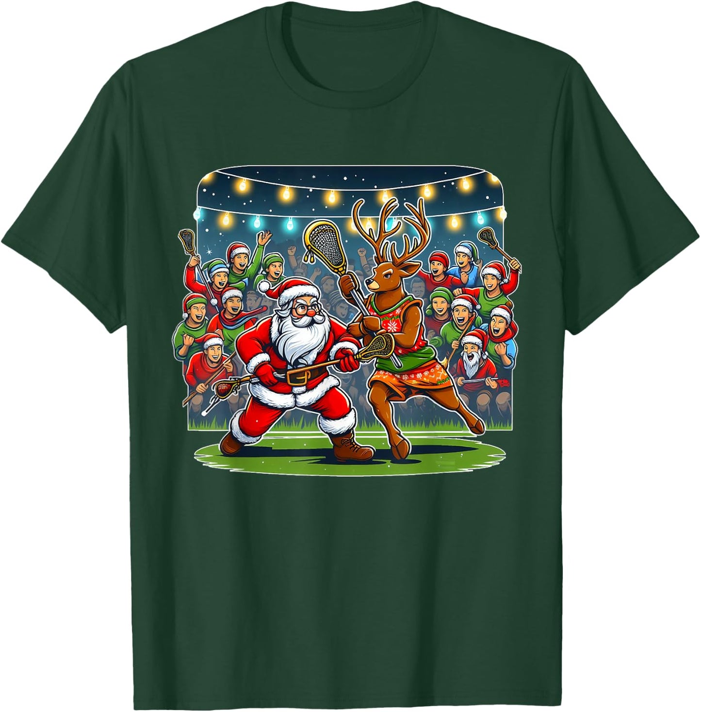 Lacrosse Player Christmas Santa Reindeer Playing Lax Graphic T-Shirt - T-Shirt | Forest