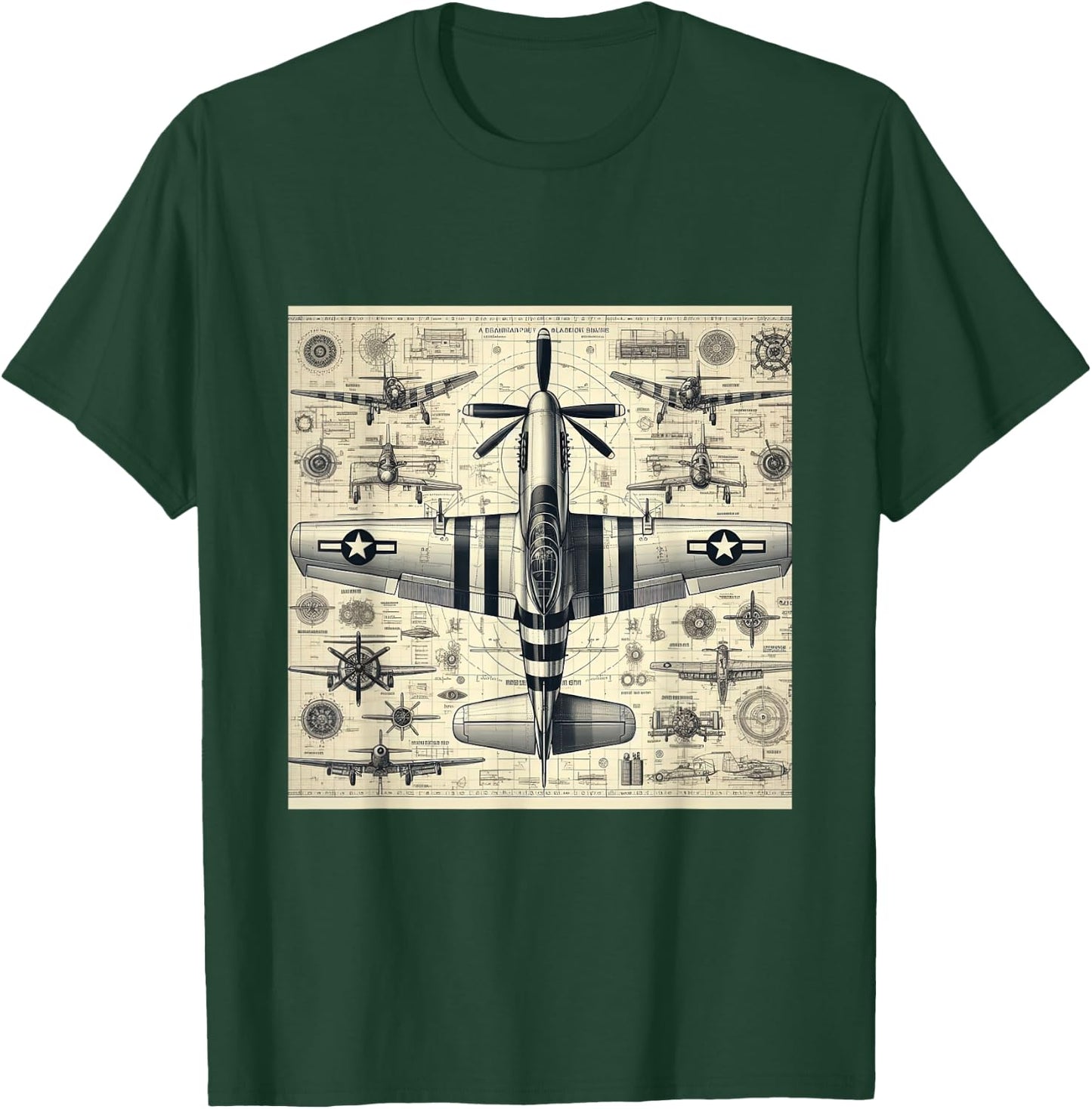 WW2 Warplane Vintage P51 Mustang Assembly Parts Blueprint T-Shirt - T-Shirt | Forest