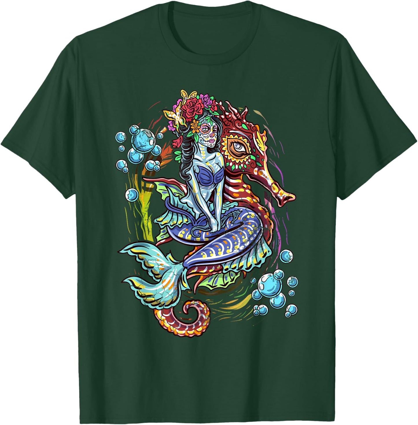 Day Of The Dead Seahorse Mermaid Art Design T-Shirt - T-Shirt | Forest