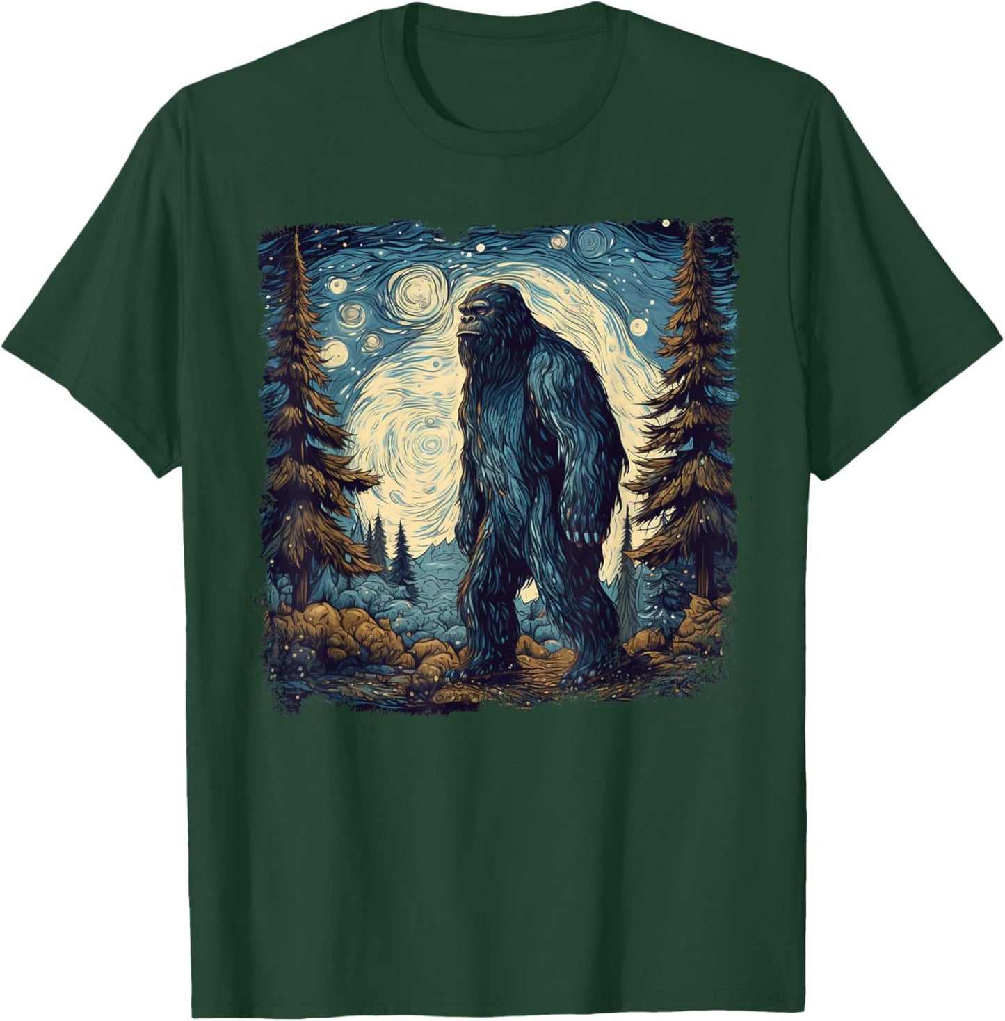 Bigfoot Starry Night Sasquatch Van Gogh Painting T-Shirt - T-Shirt | Forest