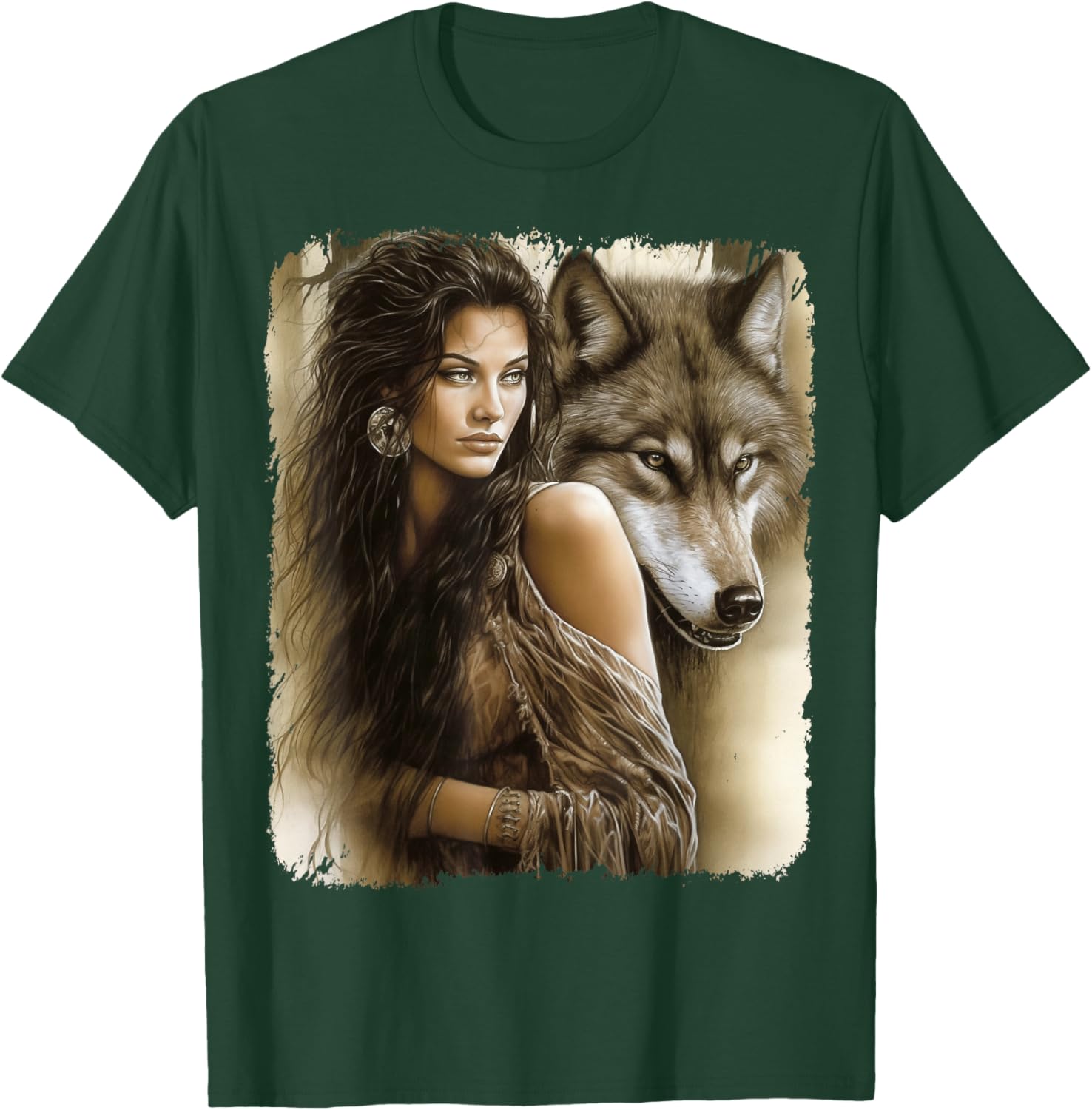 Woman and Grey Wolf Fantasy T-Shirt - T-Shirt | Forest