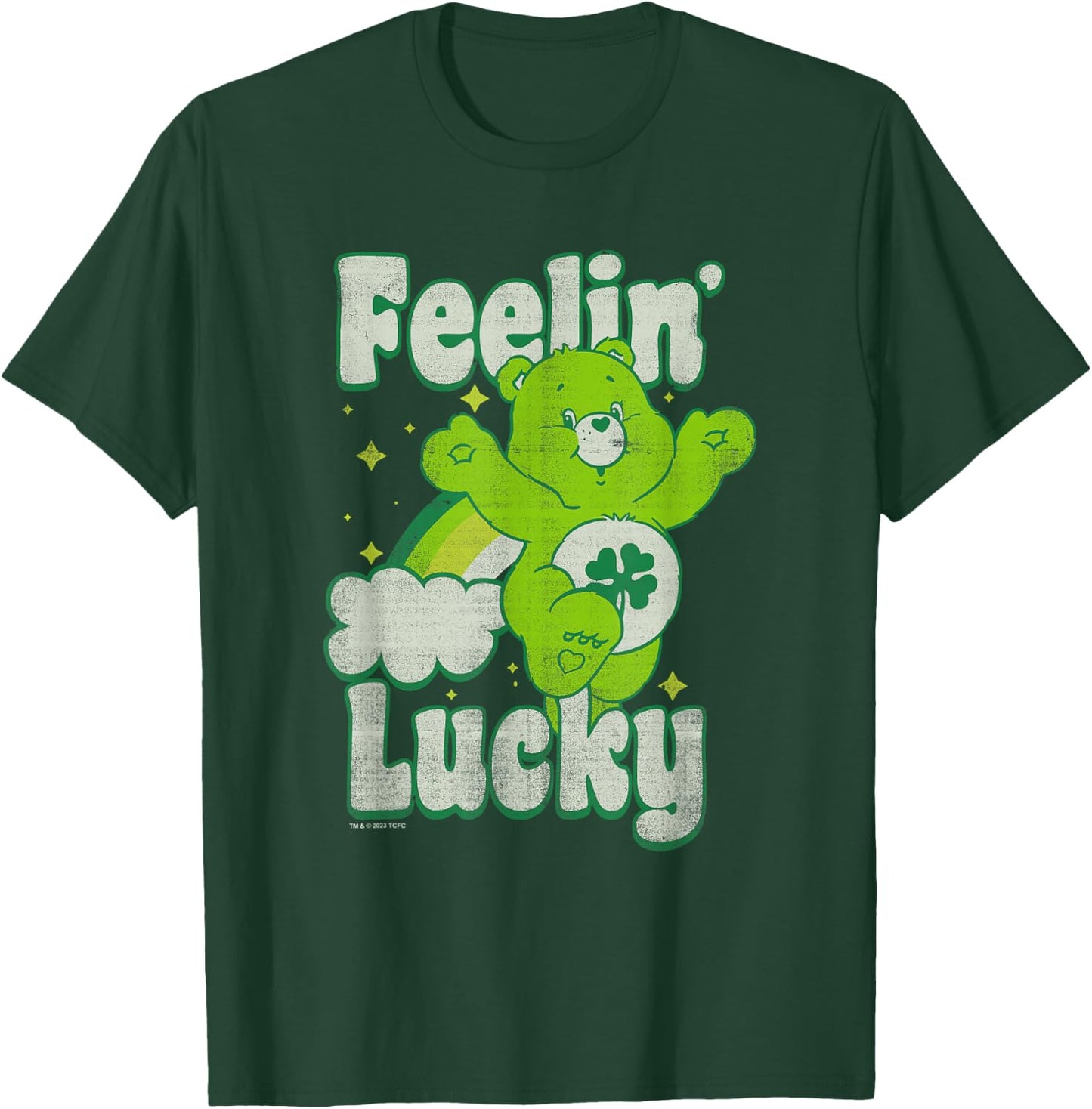 Care Bears Good Luck Bear Jumping Feelin Lucky Distressed T-Shirt - T-Shirt | Forest