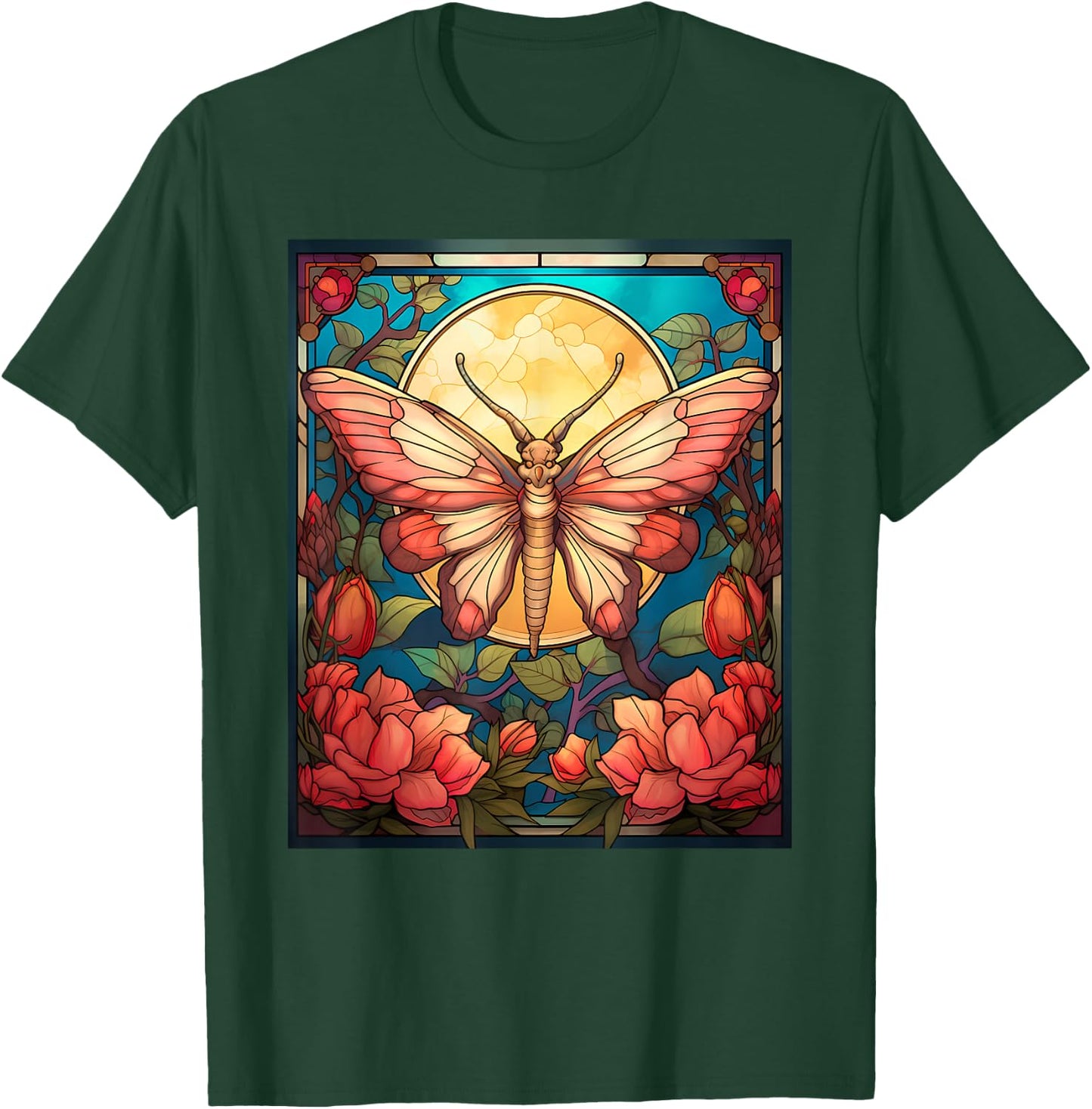 Stained Glass Style Rosy maple moth T-Shirt - T-Shirt | Forest