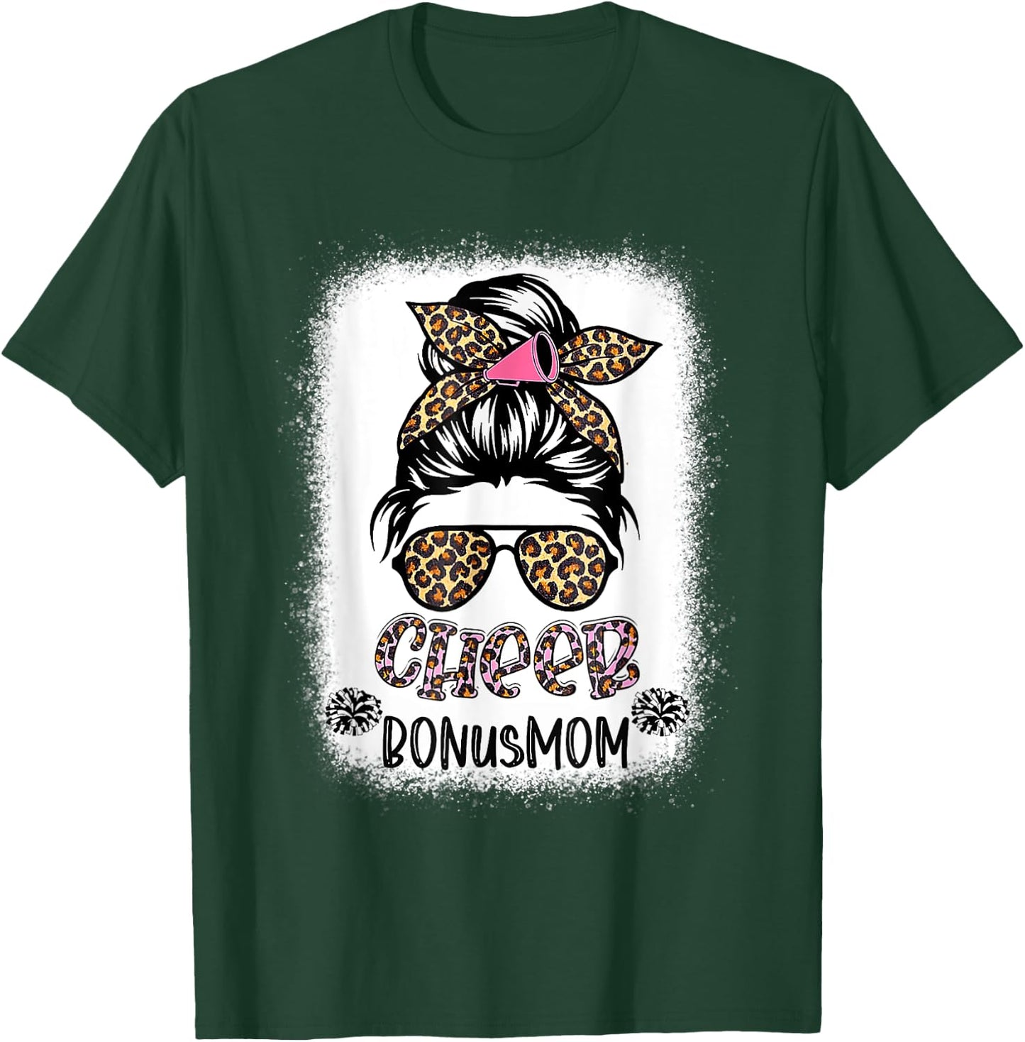 Cheer Bonus Mom Leopard Messy Bun Cheerleader Bleached T-Shirt - T-Shirt | Forest