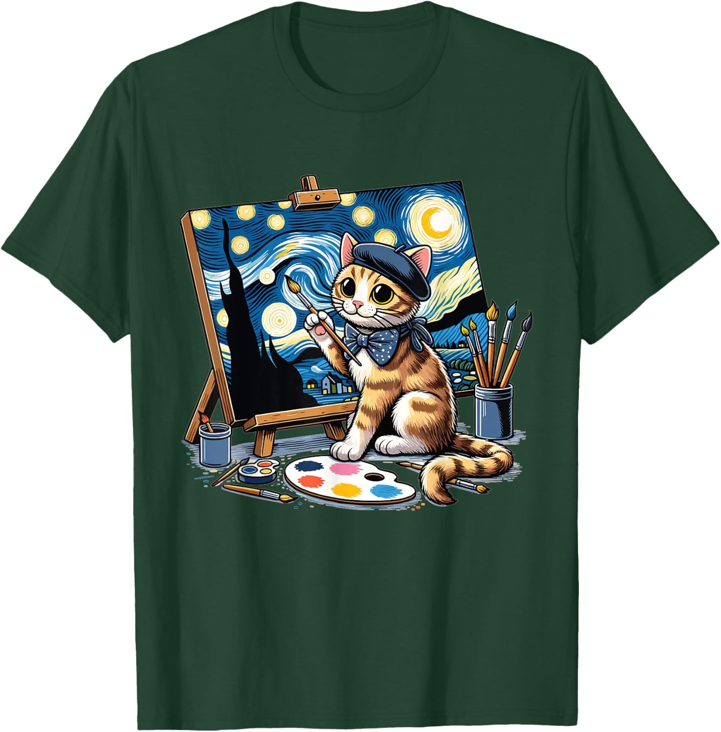 Funny Cute Cat Drawing Starry Night Painting Art For Artist T-Shirt - T-Shirt | Forest