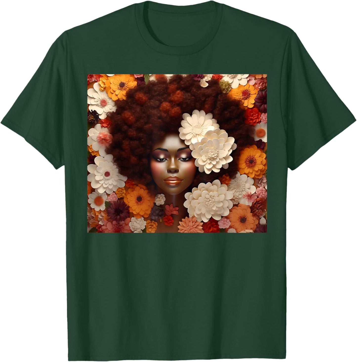 Afro Woman Floral Black Queen Puff Art Melanin Orange White T-Shirt - T-Shirt | Forest
