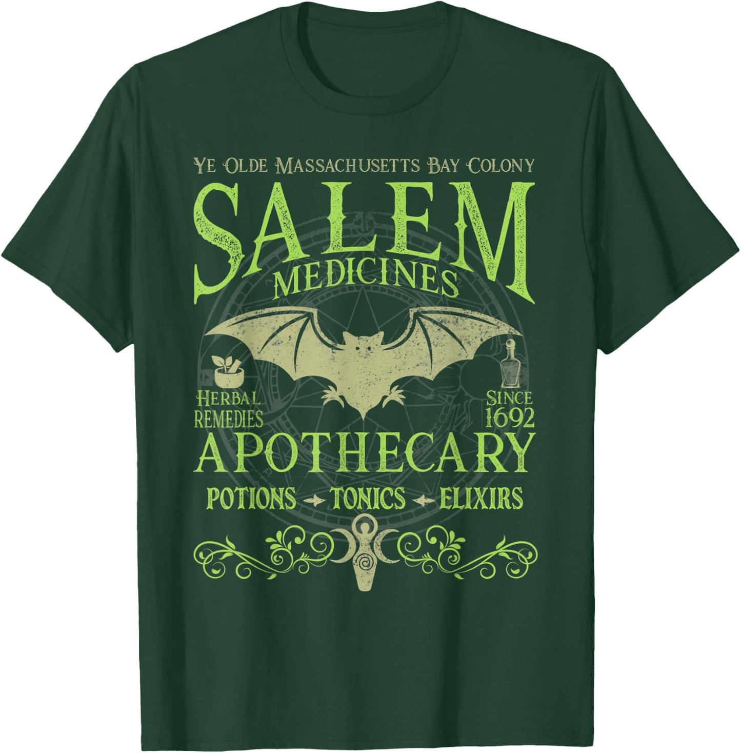 Salem Apothecary Herbalist Witch Wiccan Green Bat T-Shirt - T-Shirt | Forest