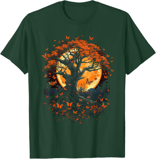 Fall Autumn falling leaves with Tree and Butterfly T-Shirt - T-Shirt | Forest
