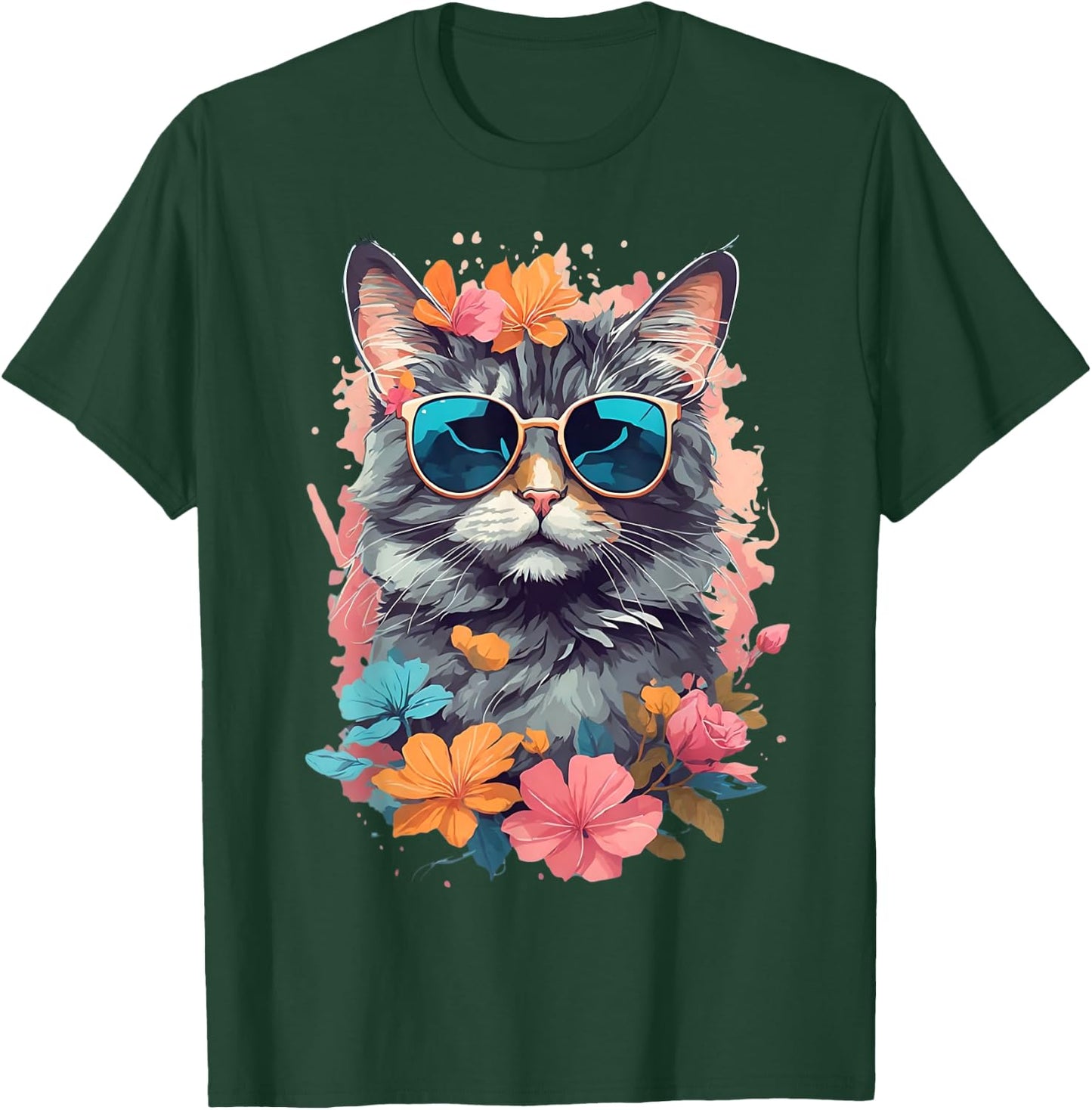 Sunglasses Tabby Cat Shirt for Girls Floral Flowers Graphic T-Shirt - T-Shirt | Forest