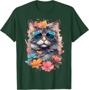 Sunglasses Tabby Cat Shirt for Girls Floral Flowers Graphic T-Shirt - T-Shirt | Forest