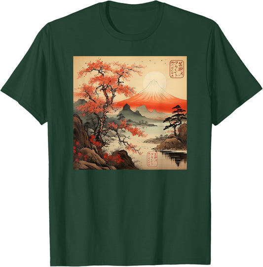 Ukiyo-e Sakura Mountain Japanese T-Shirt - T-Shirt | Forest
