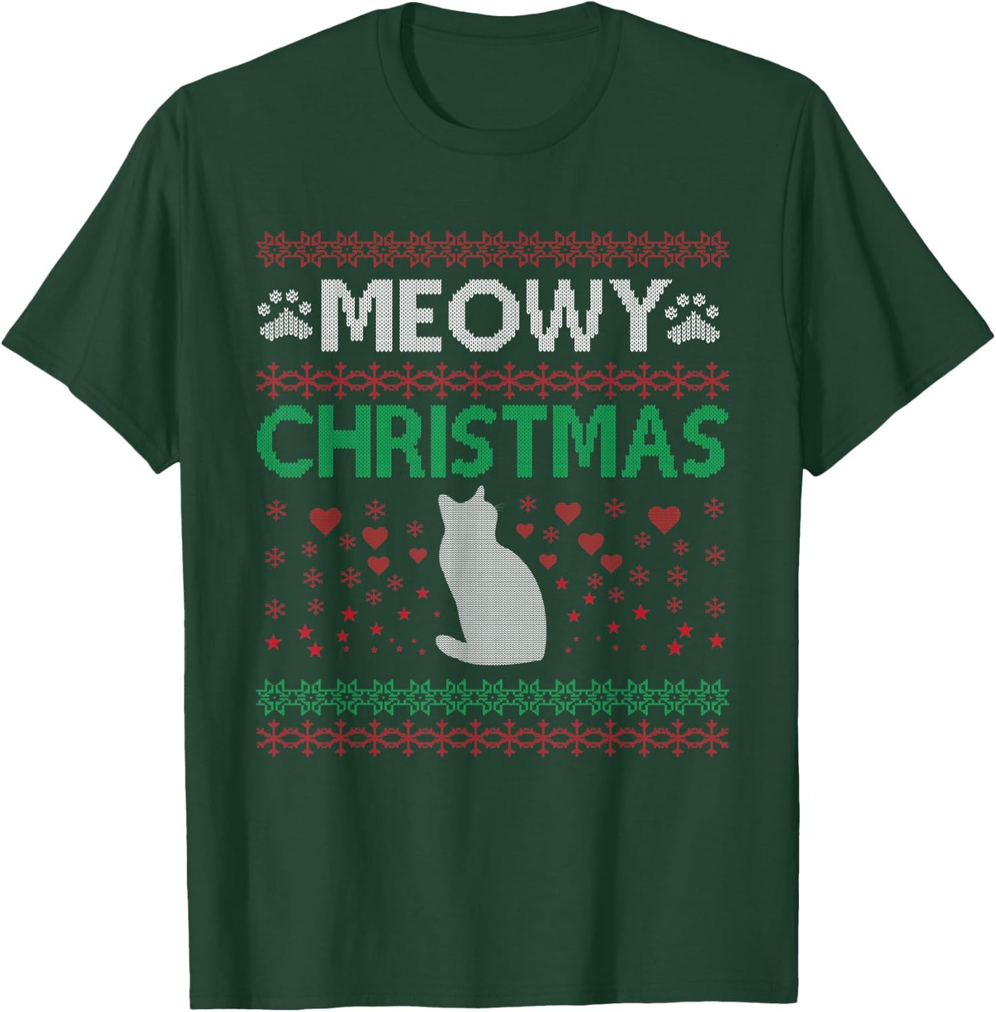 Meowy Cat Christmas Ugly Sweater Men Women Kids T-Shirt - T-Shirt | Forest