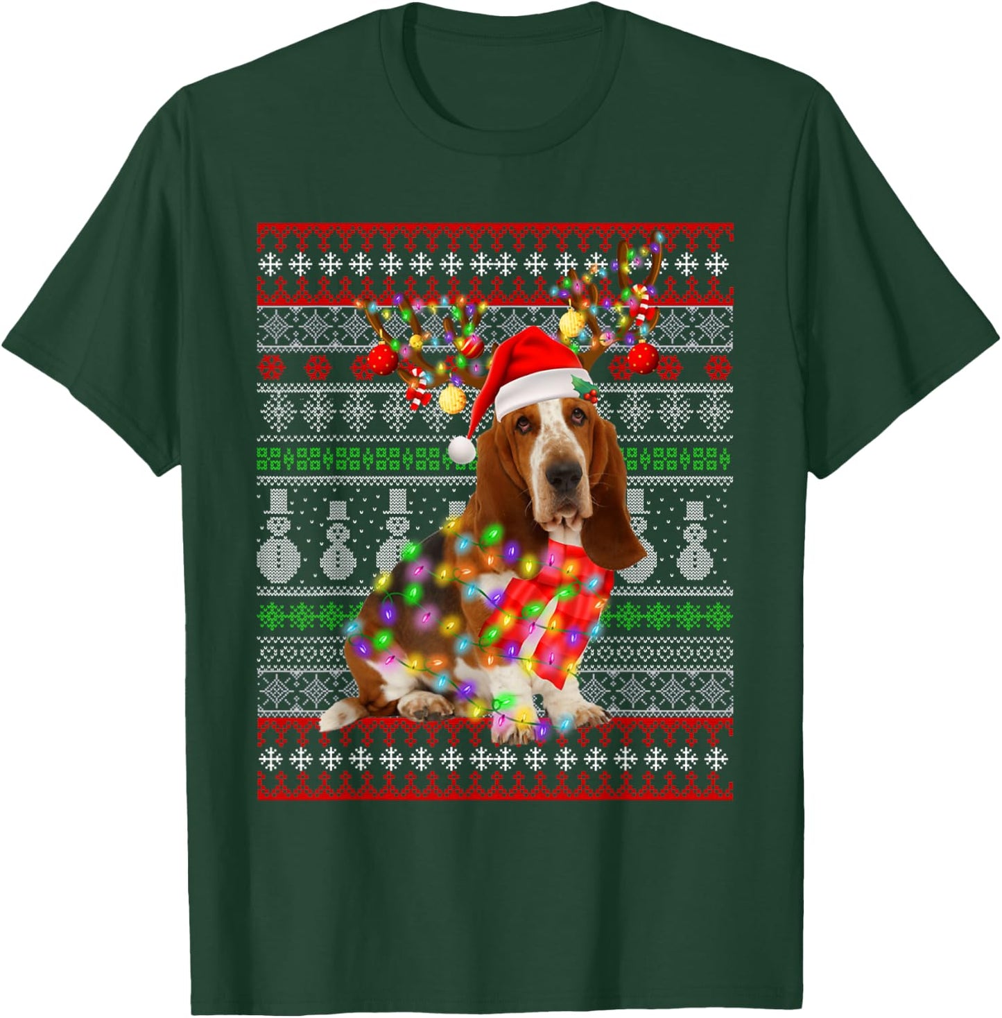 Santa Basset Hound Dog Christmas Lights Ugly Xmas Sweater Men Women Kids T-Shirt - T-Shirt | Forest
