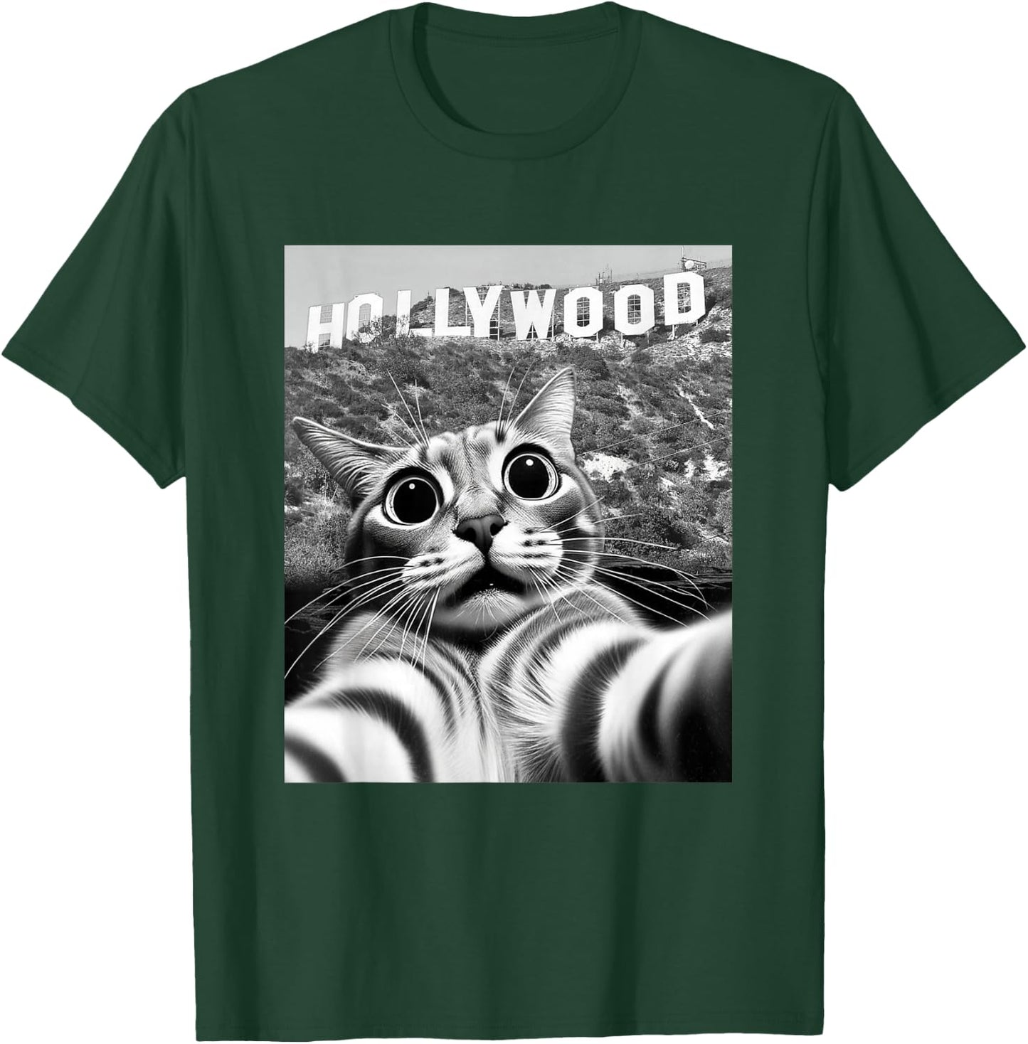 California Cat Taking Selfie at Hollywood Sign Cat Selfie T-Shirt - T-Shirt | Forest