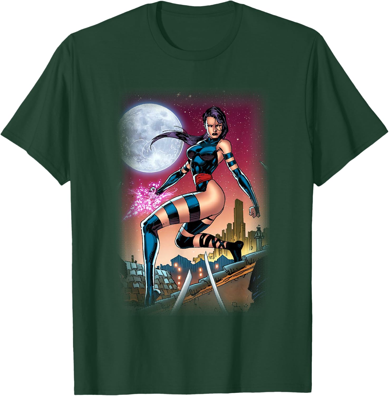 Marvel X-Men Psylocke Epic Rooftop At Night Portrait T-Shirt - T-Shirt | Forest