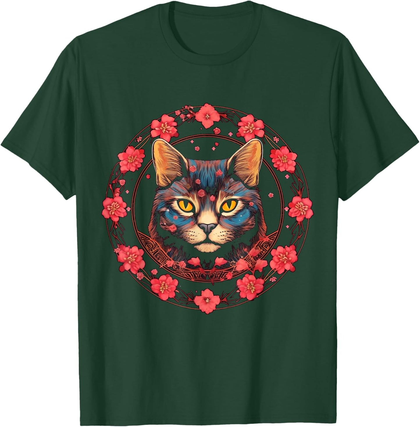 Cat Flower Artwork | Animal Cherry Blossoms Motif Cat T-Shirt - T-Shirt | Forest