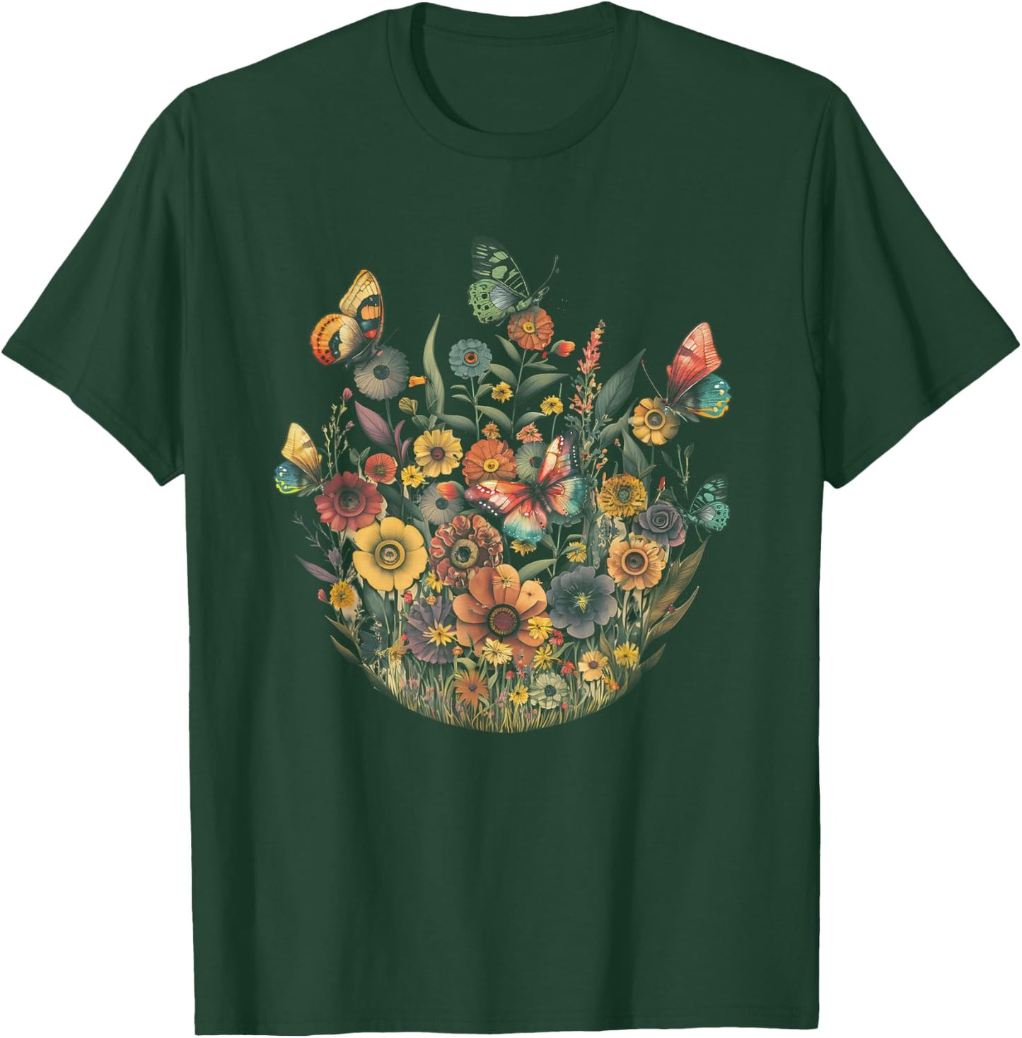 Vintage Pressed Flowers Butterflies Floral Boho Wildflowers T-Shirt - T-Shirt | Forest