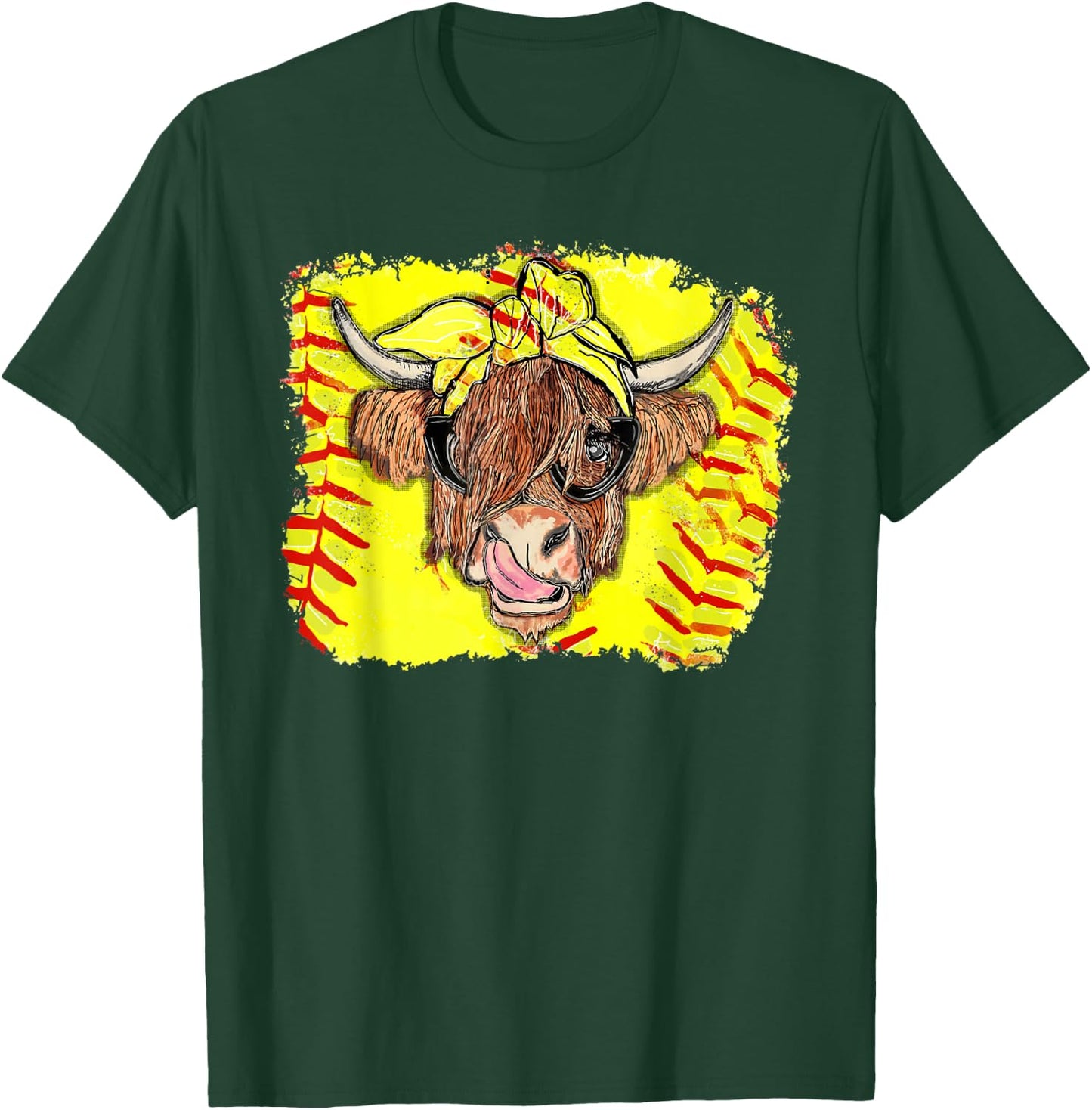 Softball Highland Cow With Bandana Glasses Happy Mother's T-Shirt - T-Shirt | Forest