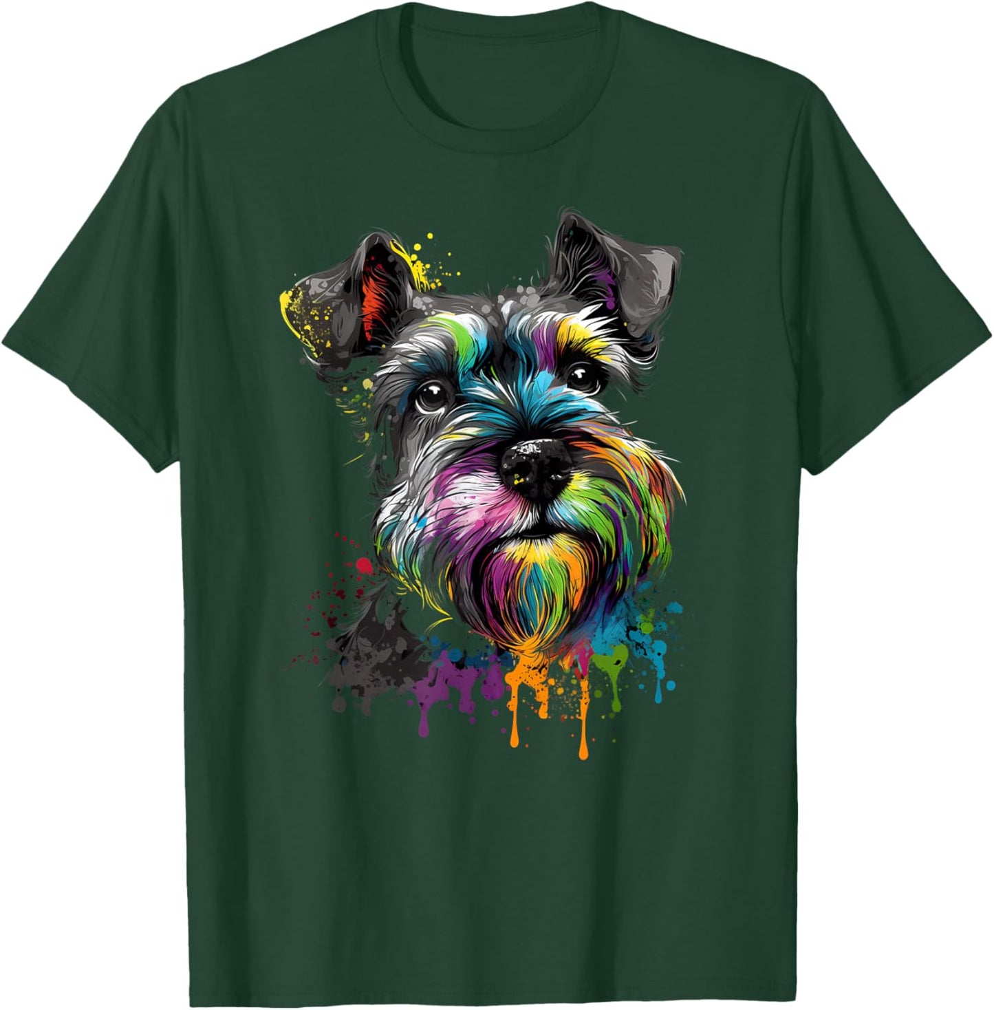 Mini Miniature Schnauzer Face Colorful Dog Art Black T-Shirt - T-Shirt | Forest