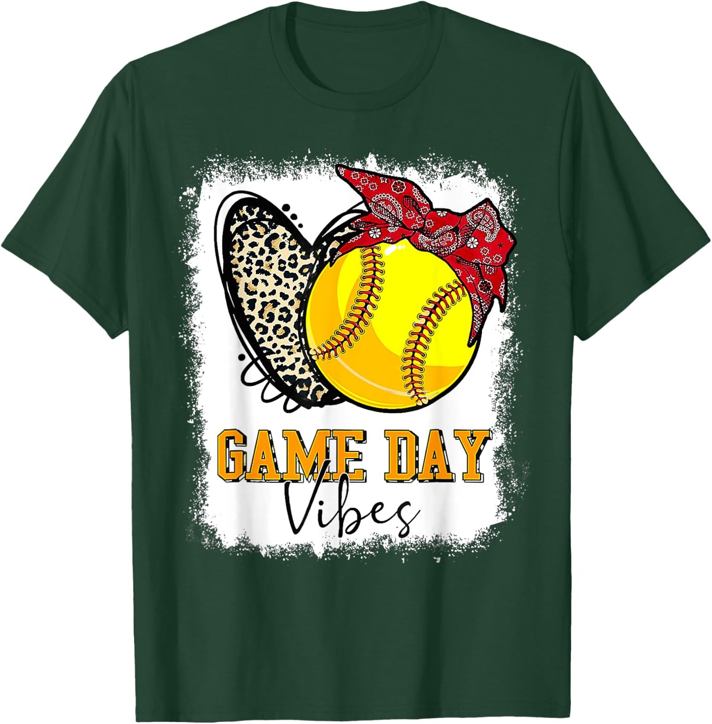 Softball Game Day Vibes Leopard Heart Headband Mom Bleached T-Shirt - T-Shirt | Forest