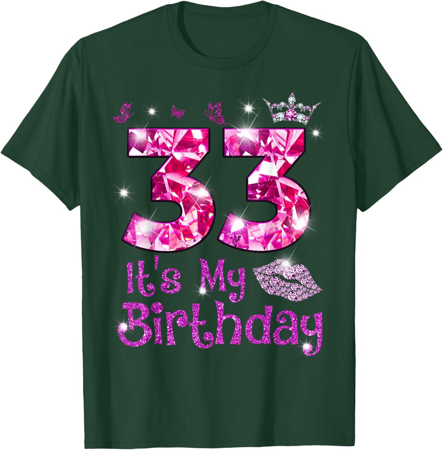 Vintage Happy 33 It's My Birthday Crown Lips 33rd Birthday T-Shirt - T-Shirt | Forest