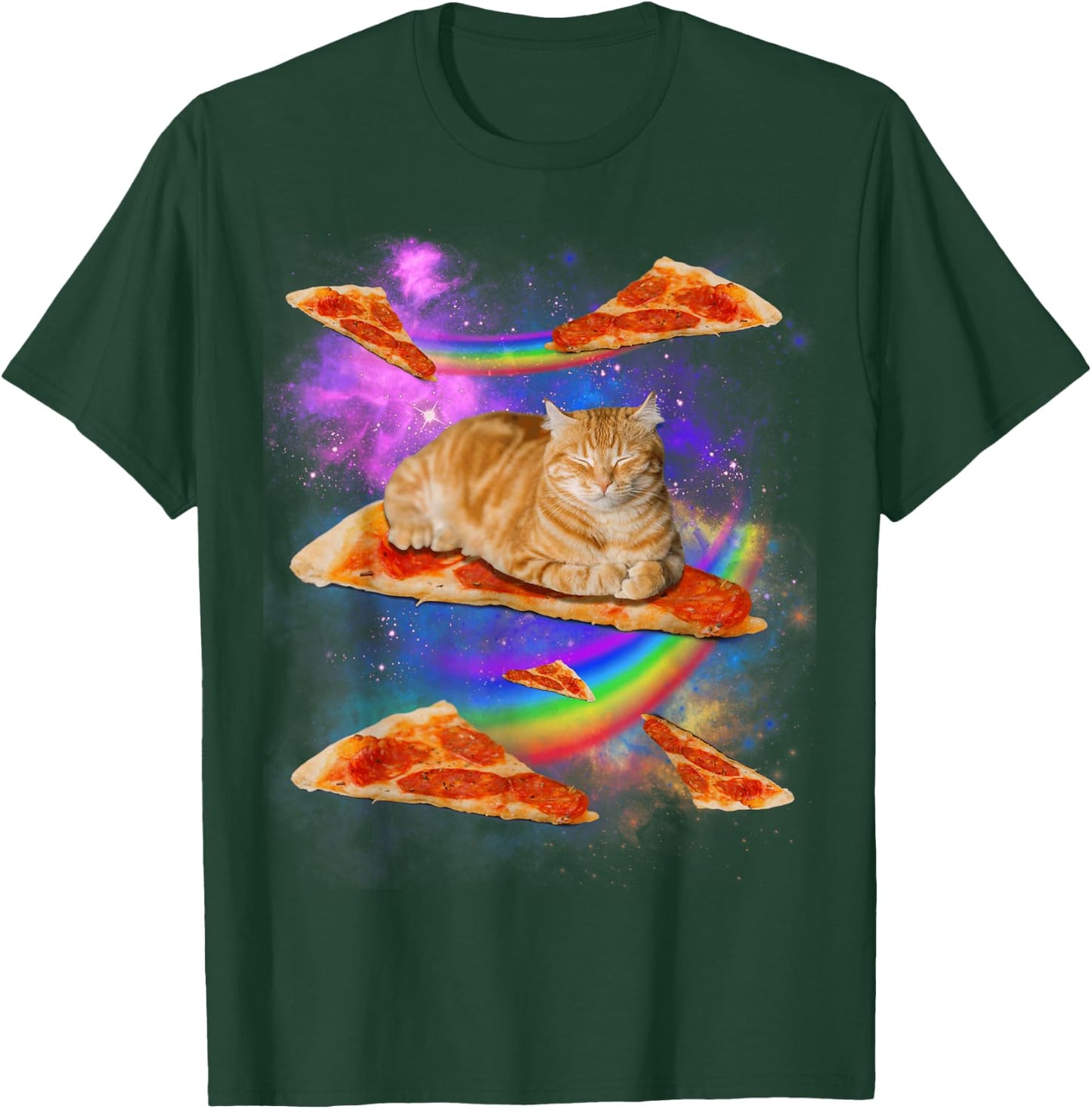 Funny Galaxy Cat in Space, Cat Riding Pizza T-Shirt - T-Shirt | Forest