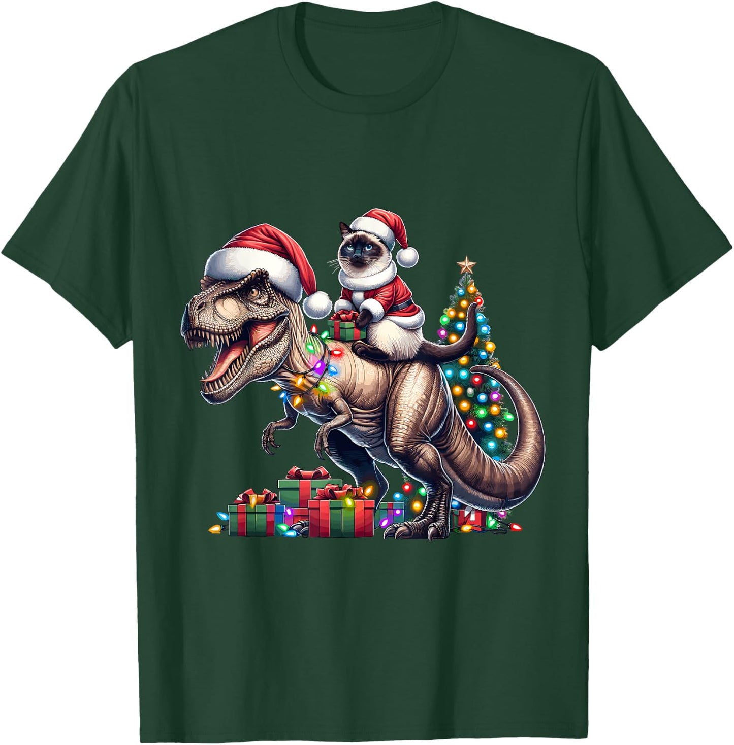 Siamese Cat Rides Festive T-Rex Santa For siamese cat Owners T-Shirt - T-Shirt | Forest