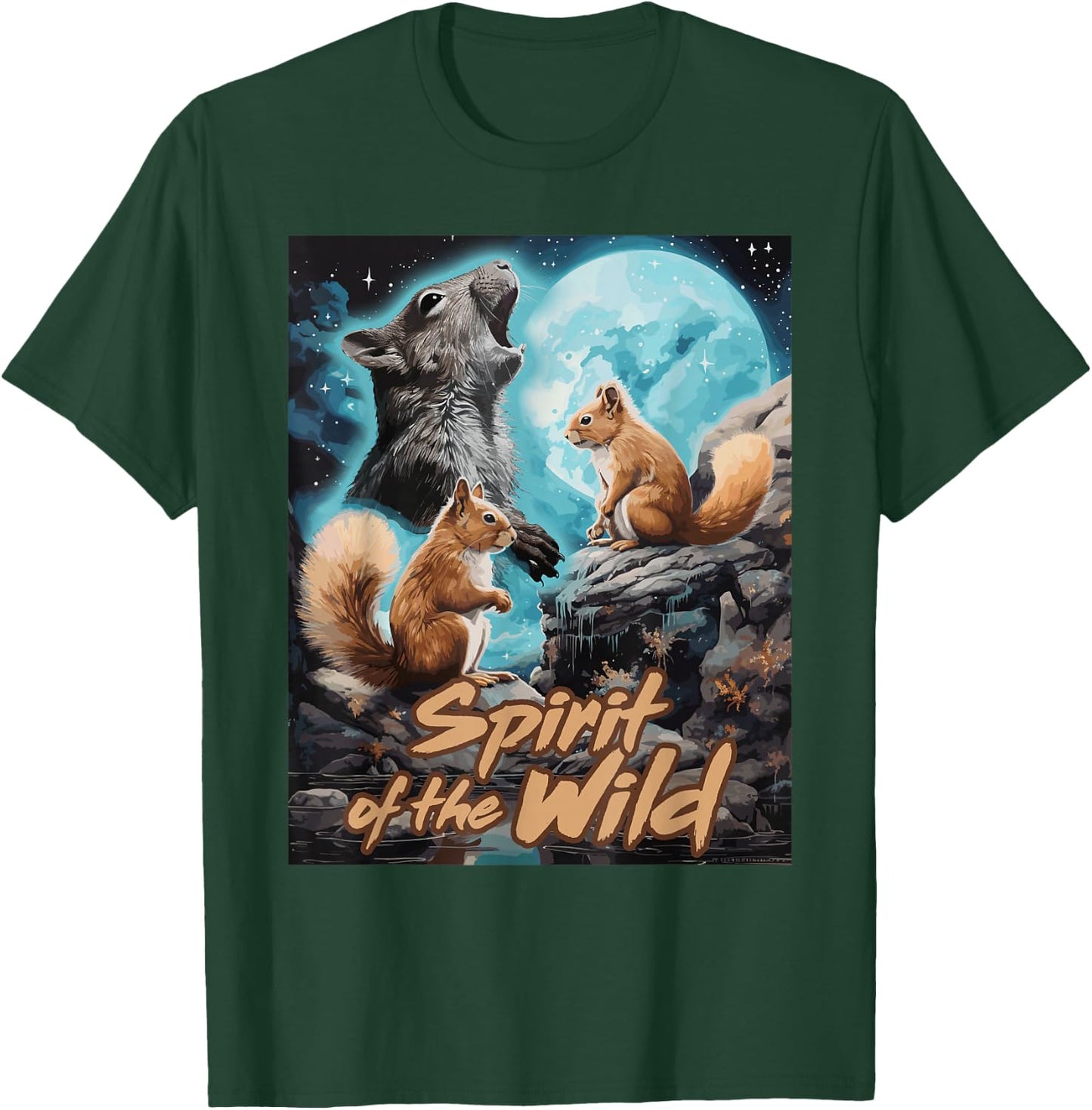 Presto Spirit of the Wild Funny Squirrels Black Women's Cartoon Animal-Print , Small, Short Sleeve, Classic Fit T-Shirt - T-Shirt | Forest