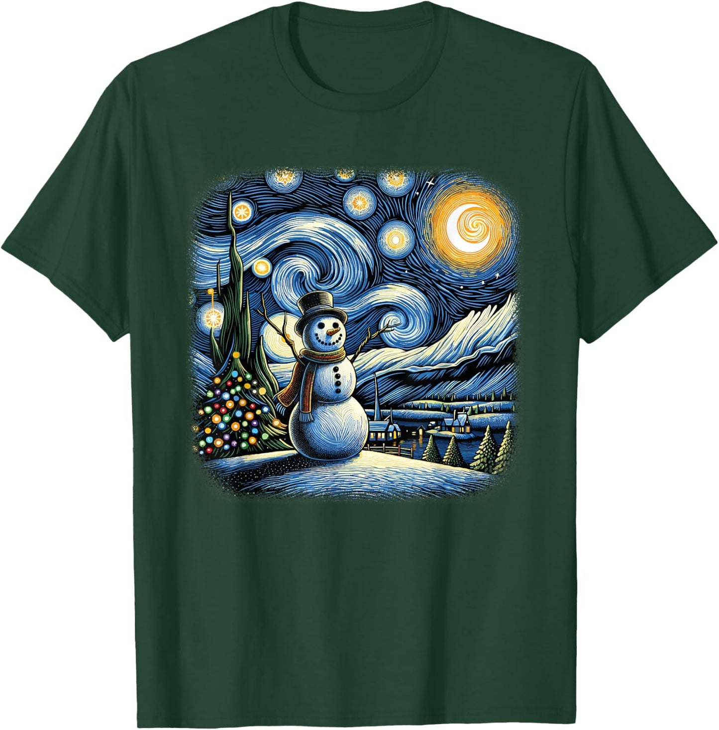 Van Gogh Starry Night Christmas Snowman Winter Snowy Night T-Shirt - T-Shirt | Forest
