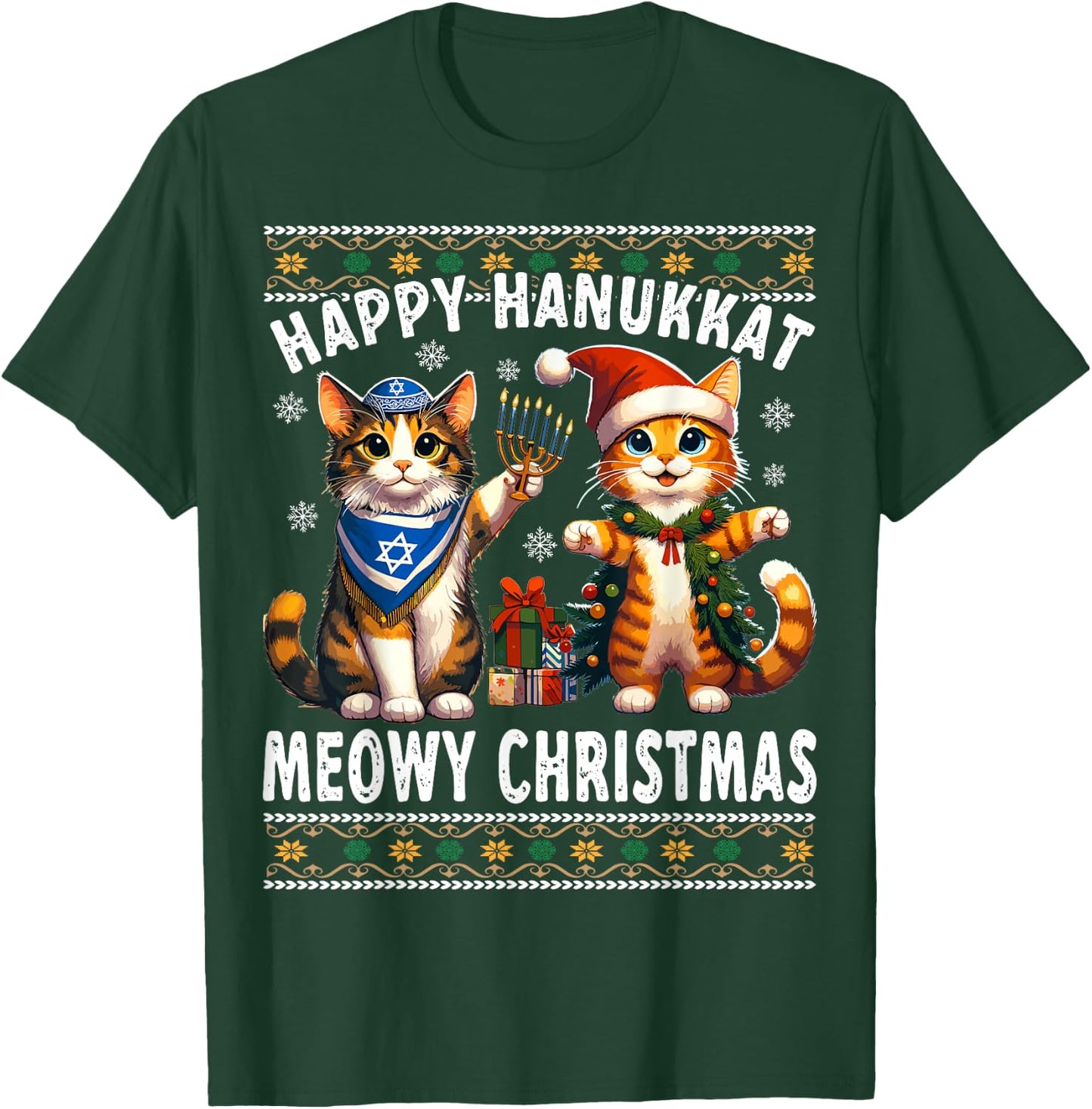 Cat Merry Christmas Happy Hanukkah Jewish Christian T-Shirt - T-Shirt | Forest