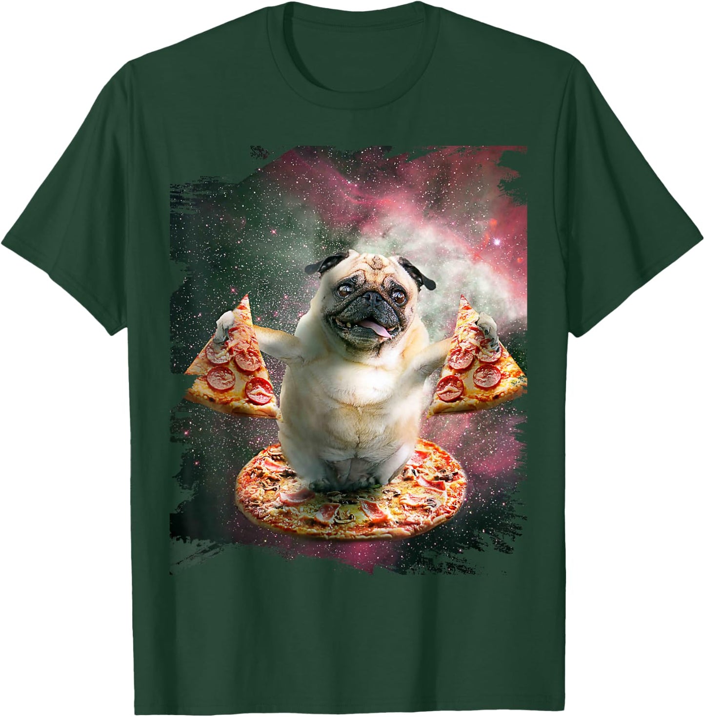 Random Galaxy Funny Pug Dog with Pizza T-Shirt - T-Shirt | Forest