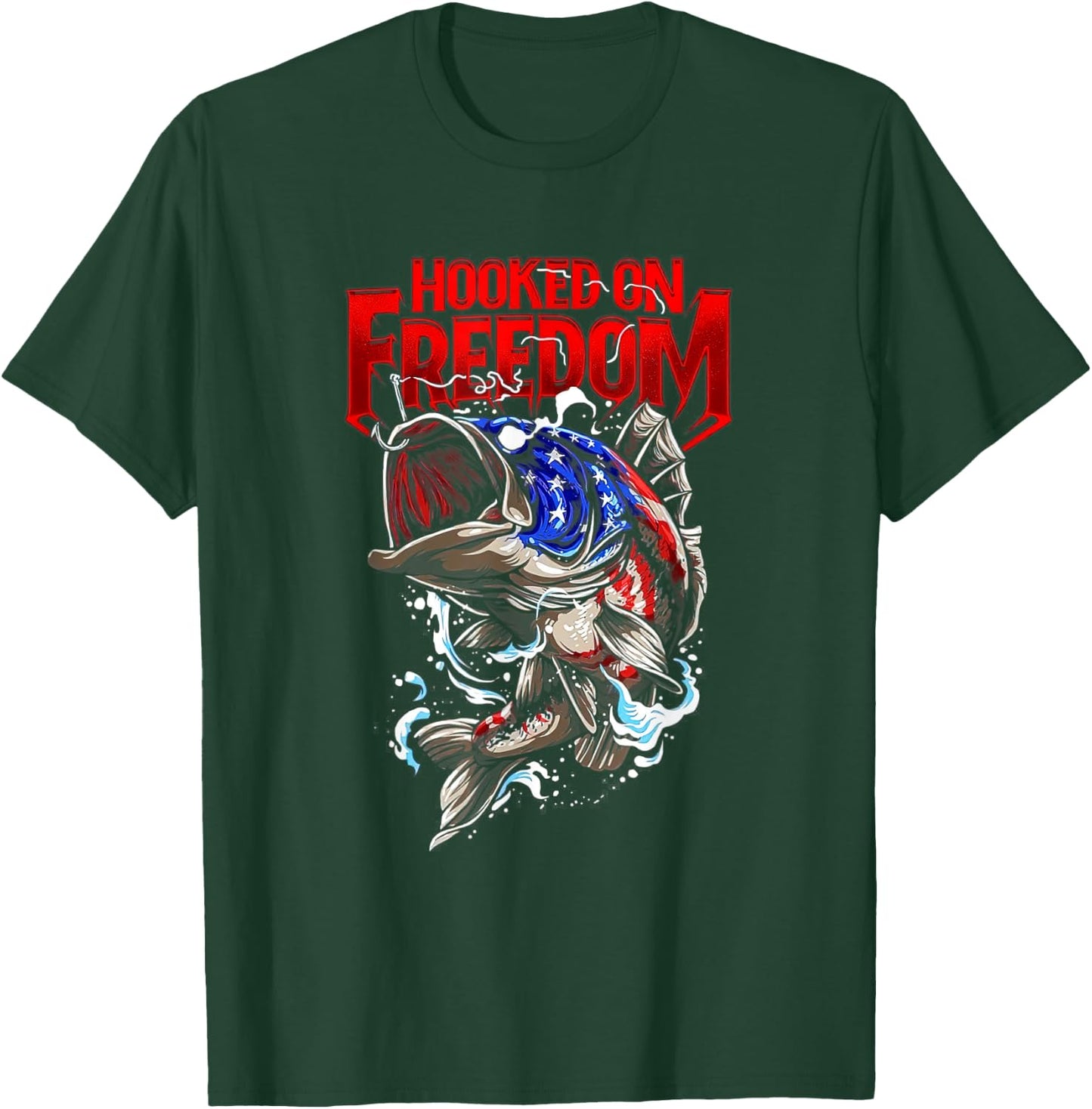 Hooked On Freedom 4th of July US Flag Patriotic Fishing Men T-Shirt - T-Shirt | Forest