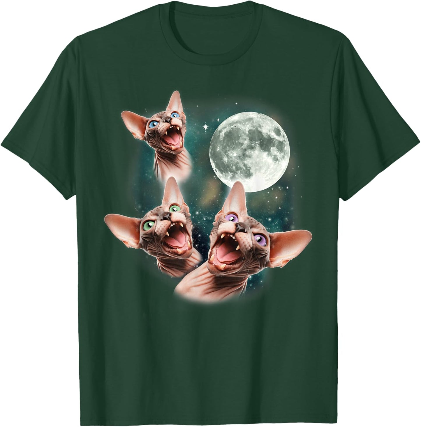 Three Sphynx Moon | 3 Hairless Cats Howling Cursed Wolf Meme Women Kids T-Shirt - T-Shirt | Forest