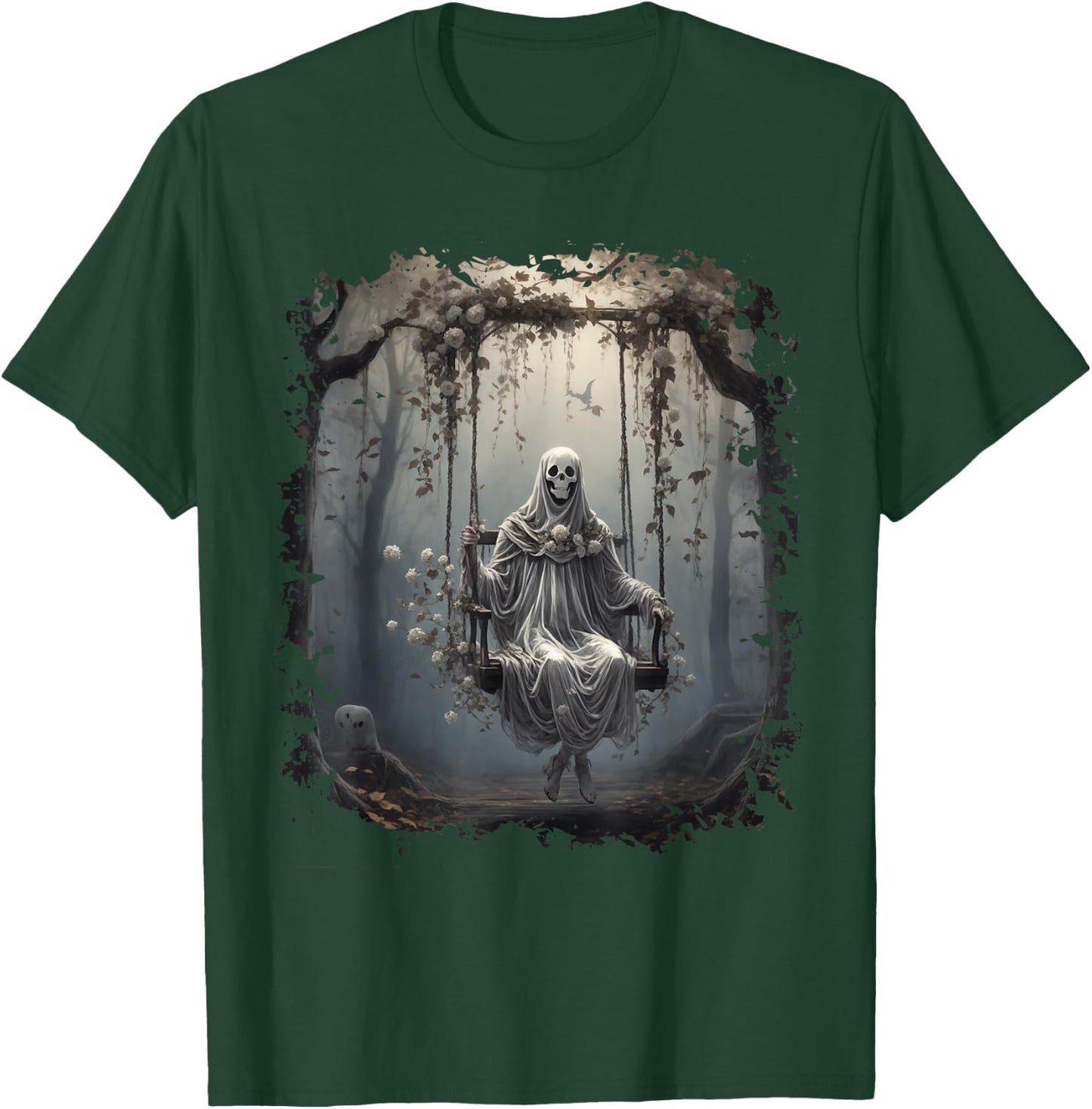 Vintage Floral Ghost On Swing In Forest Halloween Gothic T-Shirt - T-Shirt | Forest