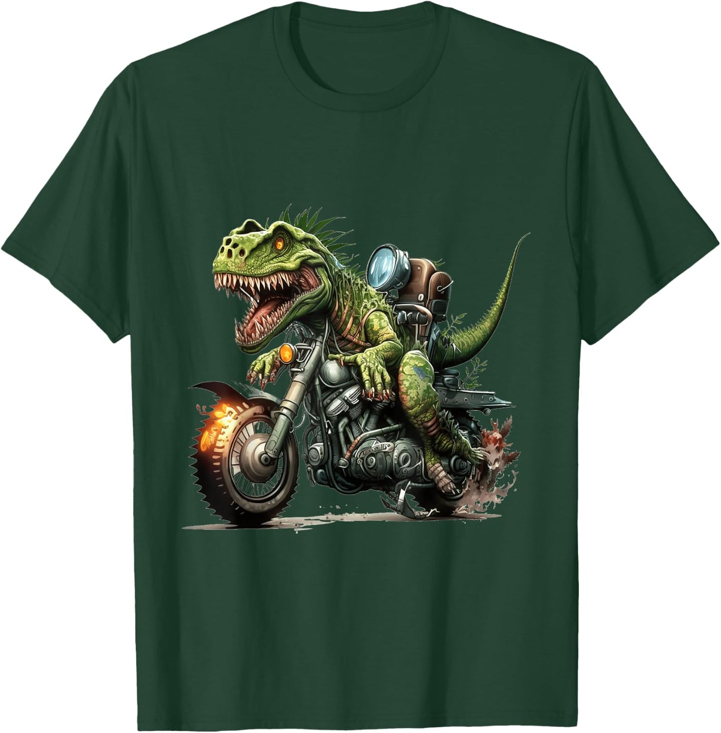 T-Rex Dinosaur Riding a Motorcycle with Flaming Tire T-Shirt - T-Shirt | Forest