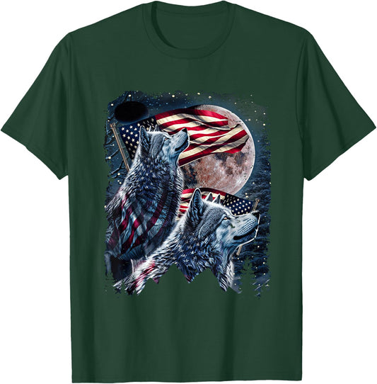 Wolf 4th of July American Flag Howling Wolves Under Moon T-Shirt - T-Shirt | Forest
