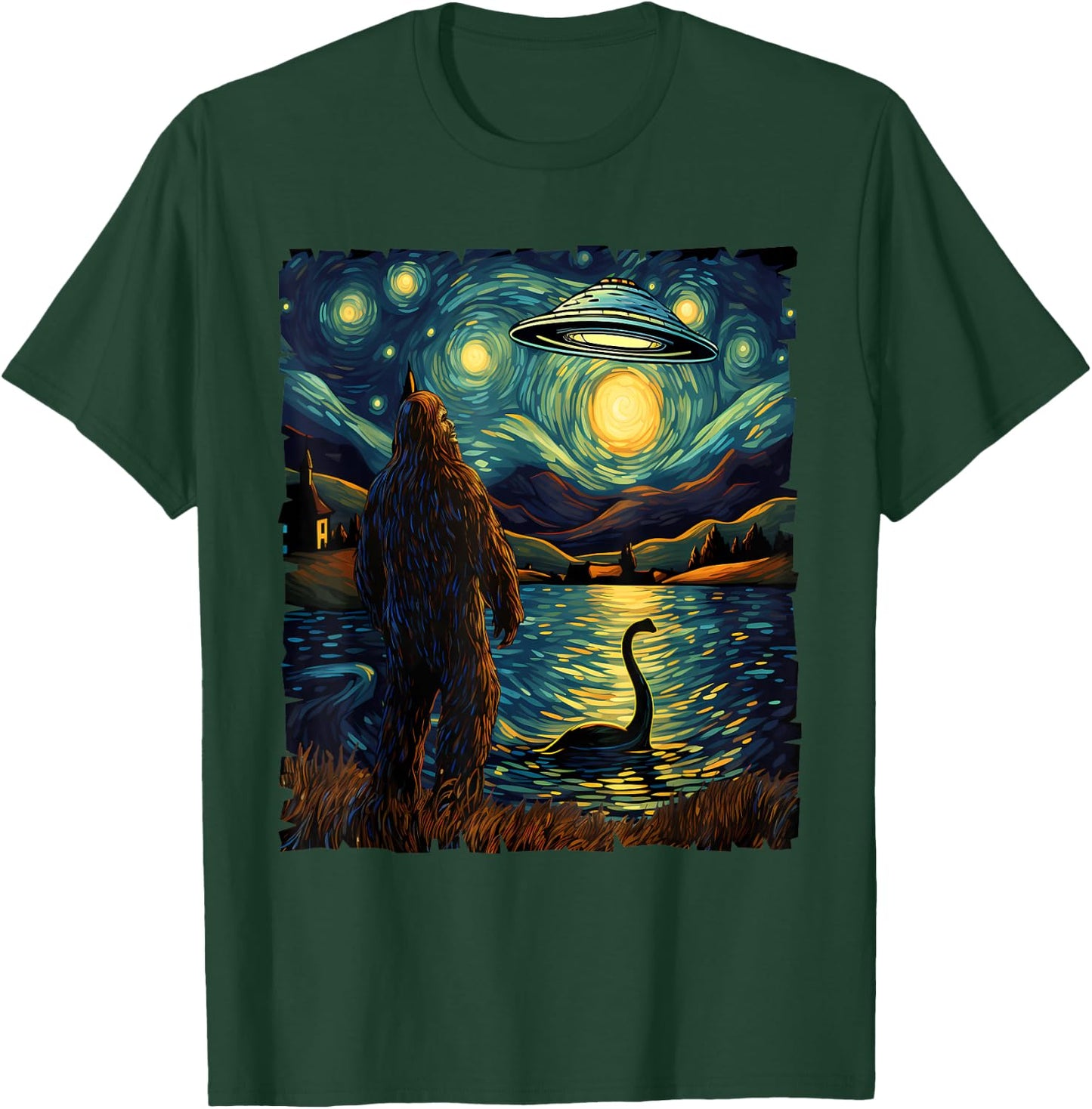 Funny Bigfoot UFO and Nessie Van Gogh Starry Night Painting T-Shirt - T-Shirt | Forest