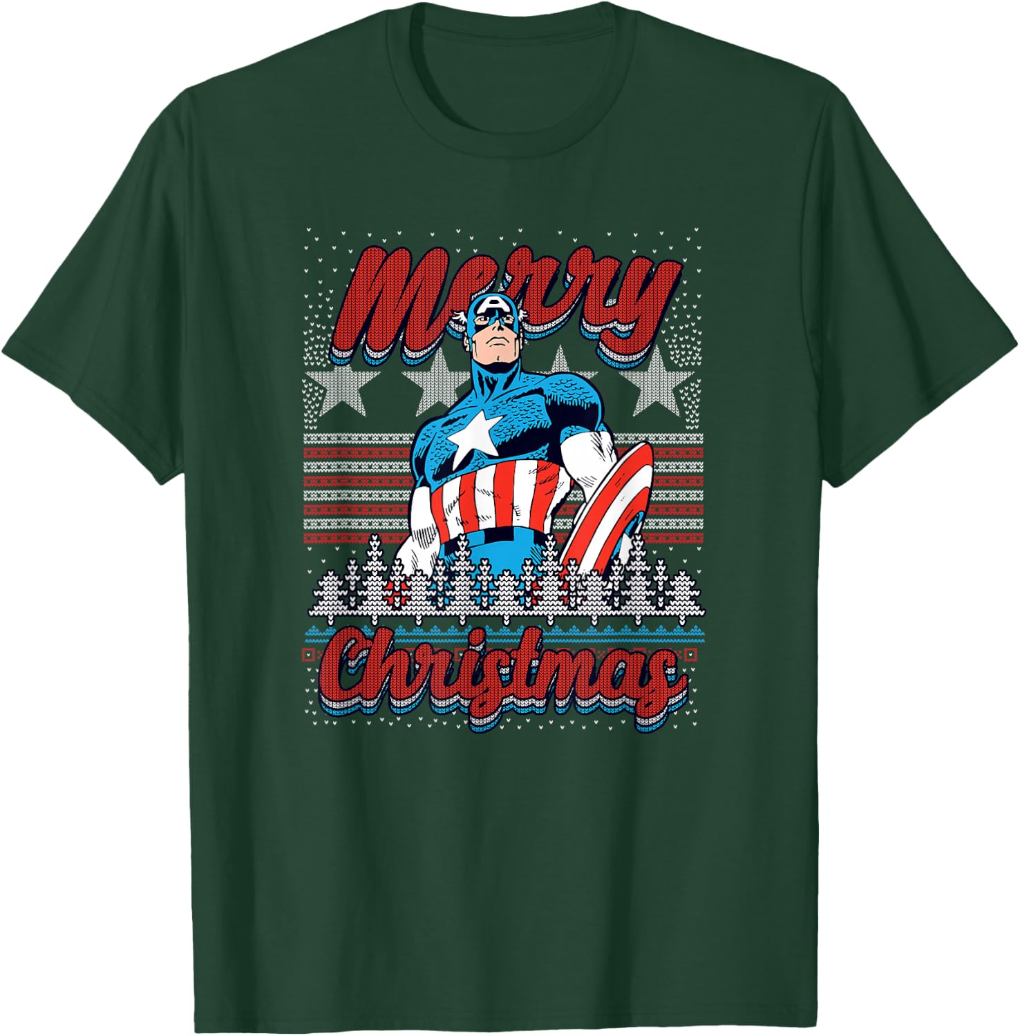 Marvel Christmas Captain America Ugly Sweater Pattern T-Shirt - T-Shirt | Forest