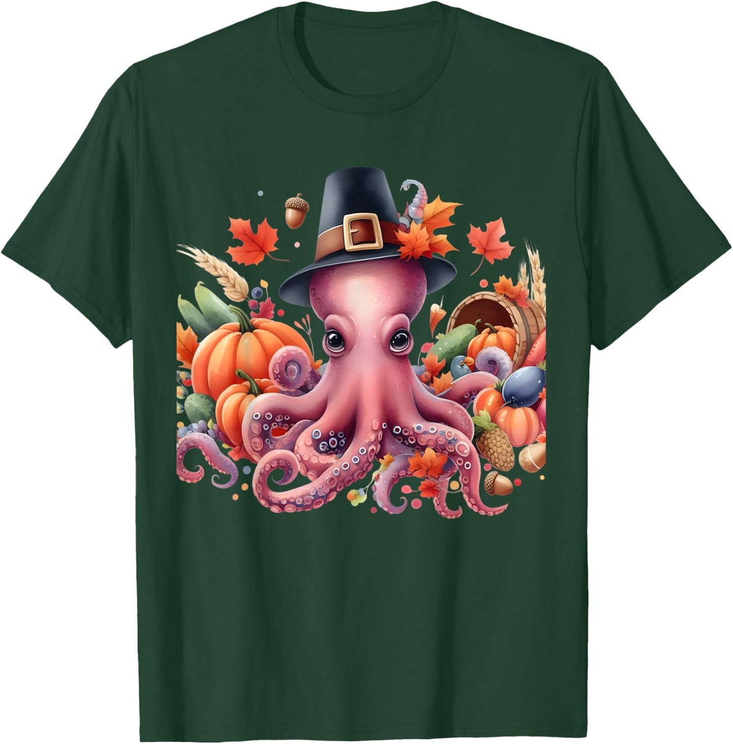 Fun and whimsical Thanksgiving Octo-Pilgrim - Octopus T-Shirt - T-Shirt | Forest