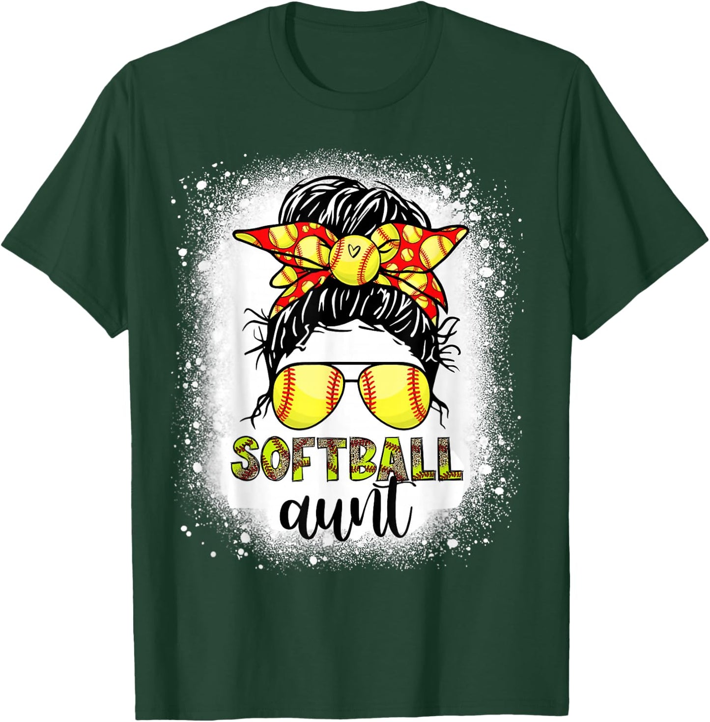 Softball Aunt Messy Bun Leopard Bleached Softball Auntie T-Shirt - T-Shirt | Forest