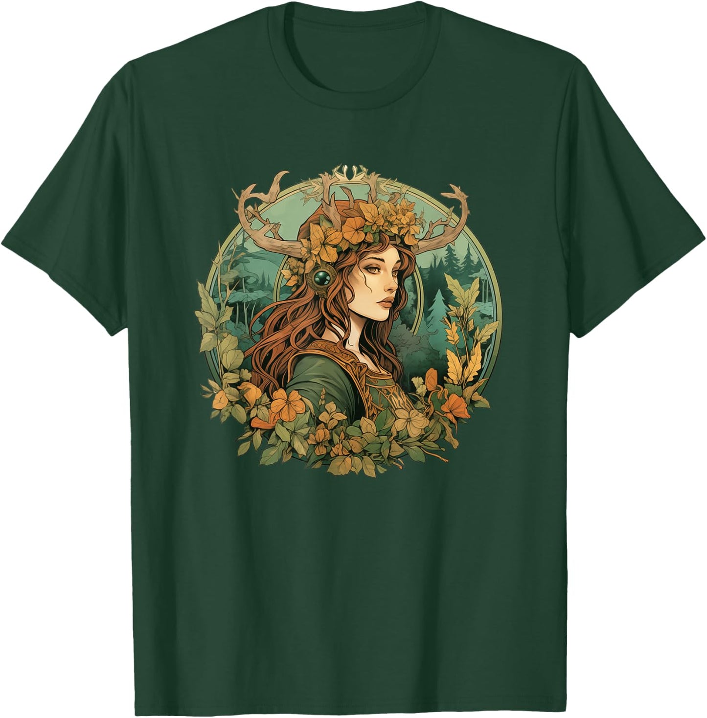 Art Nouveau Female Druid Adventurer Wanderer Nature Roleplay T-Shirt - T-Shirt | Forest
