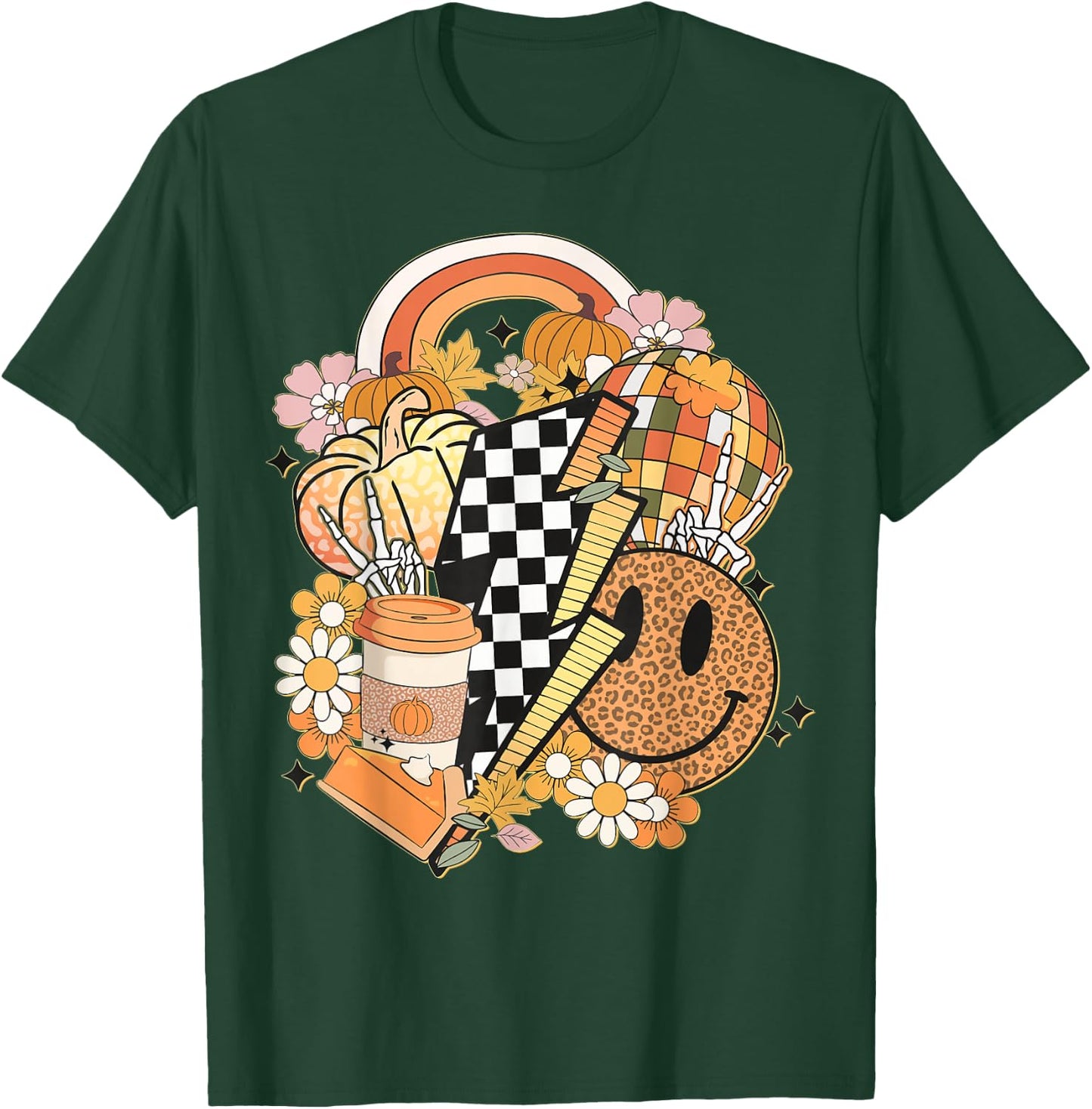 Groovy Fall Vibes Smile Face Autumn Coffee Cup Fall Women T-Shirt - T-Shirt | Forest